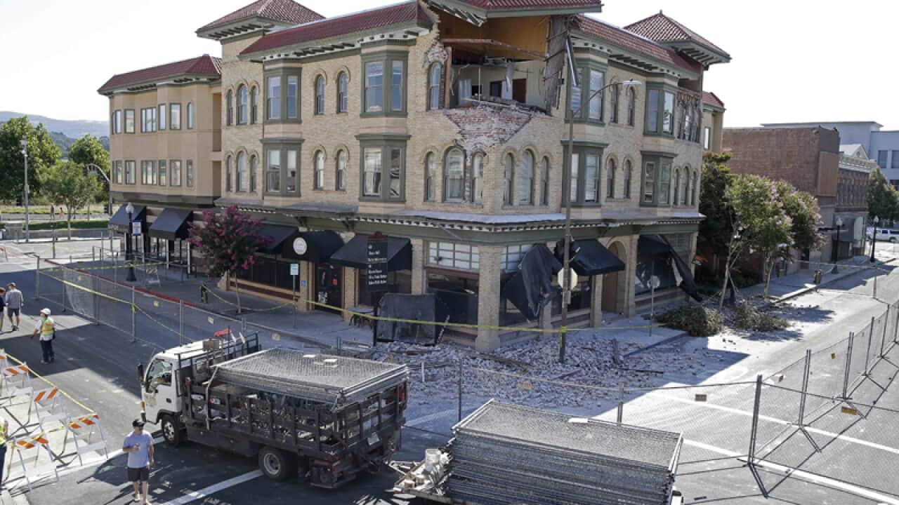 An earthquake damaged building in Napa, California