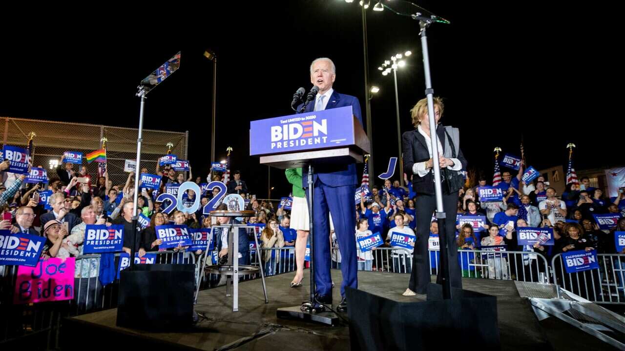 Former US Vice President and Democratic presidential candidate Joe Biden speaks during his Super Tuesday event at the Baldwin Hills.