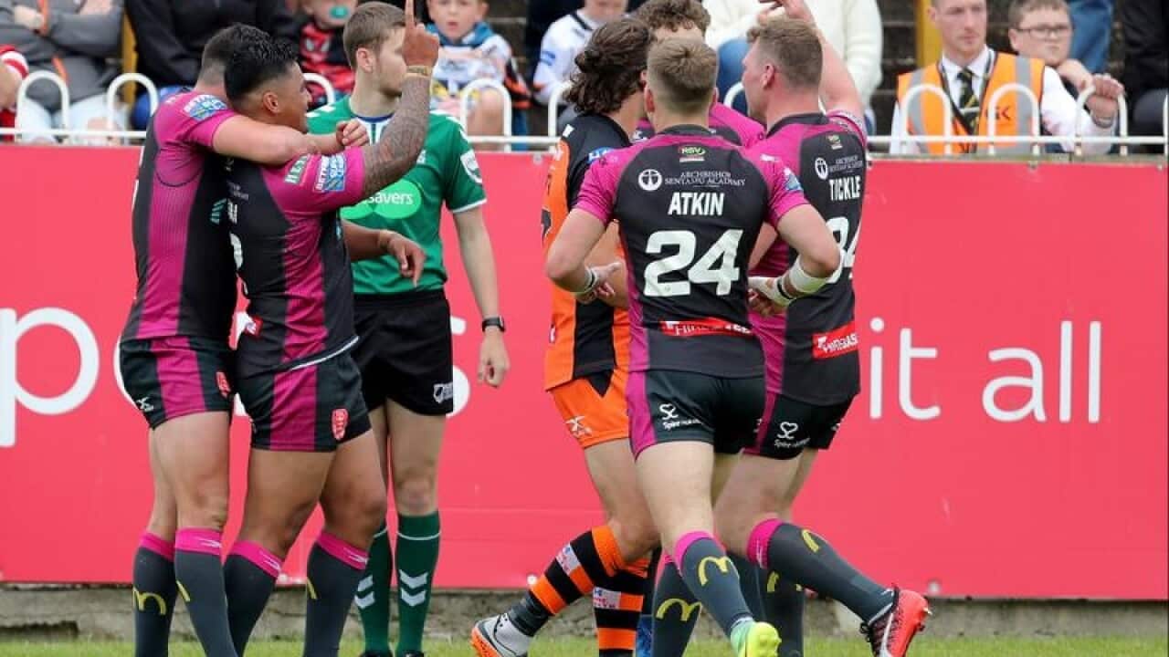 Hull KR celebrate a try.