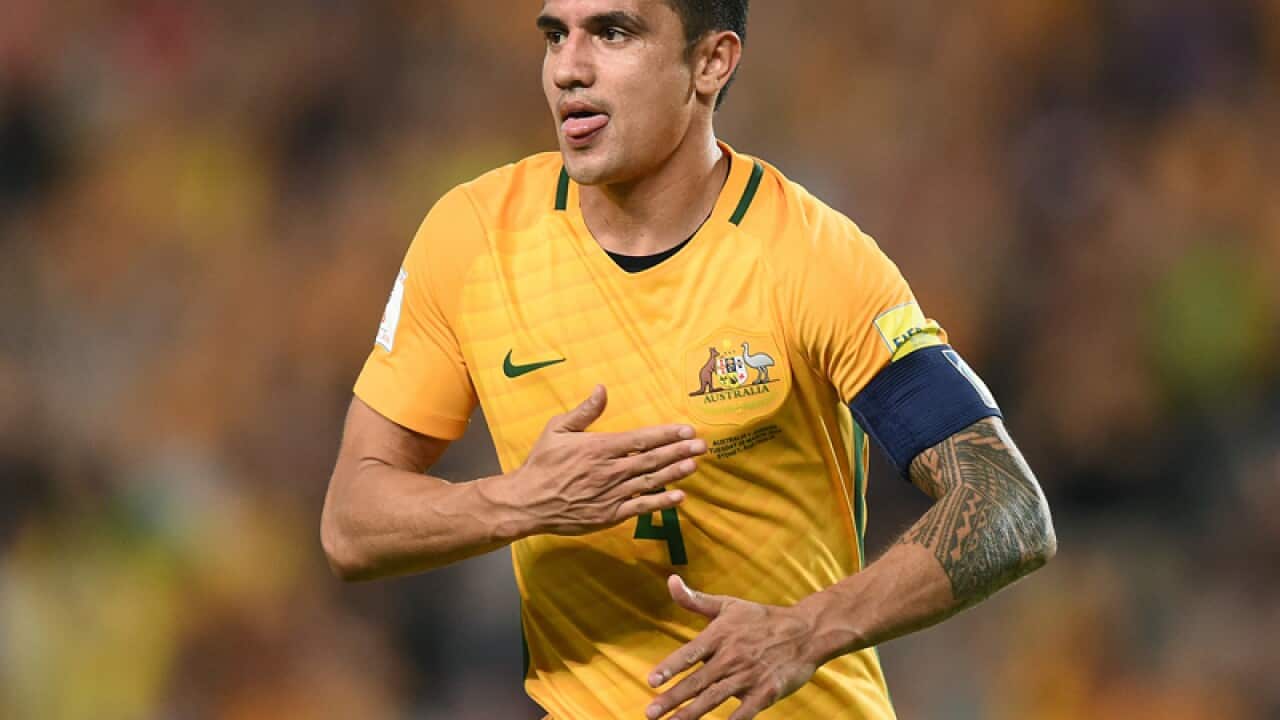 Tim Cahill of Australia celebrates after scoring