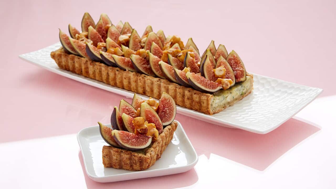 Rosemary blue cheese and fig tart with hazelnut pepper brittle