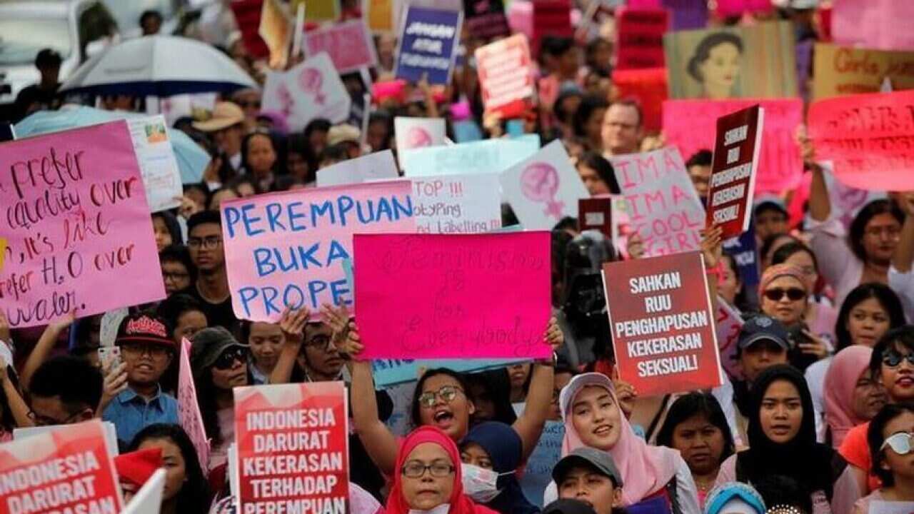 People take part in a rally calling for women’s rights and equality ahead of International Women’s Day in Jakarta, Indonesia, March 4, 2017.