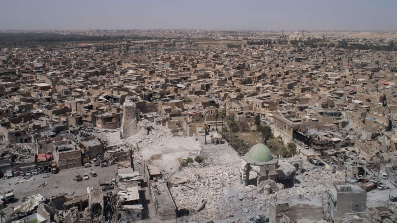 This Wednesday, June 28, 2017 file photo, shows an aerial view of the destroyed landmark al-Nuri mosque in the Old City of Mosul, Iraq.