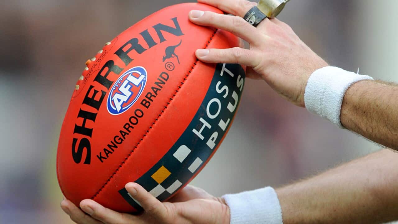 An umpire holding an AFL ball.