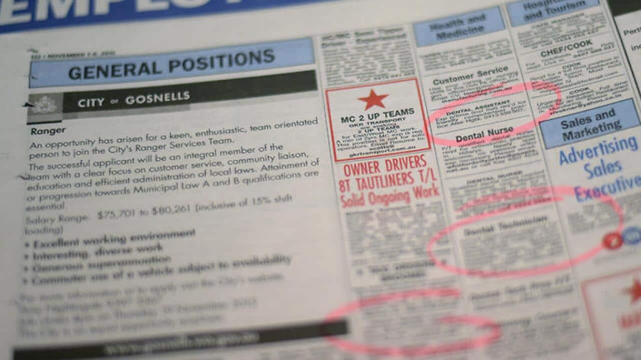 Job adverts are seen in a weekend newpaper in Canberra, Wednesday, Nov. 11, 2015. (AAP Image/Lukas Coch) NO ARCHIVING