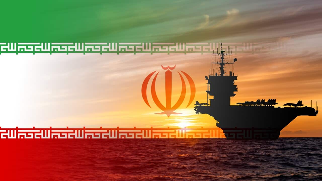 Aircraft carrier on the background of the Iranian flag