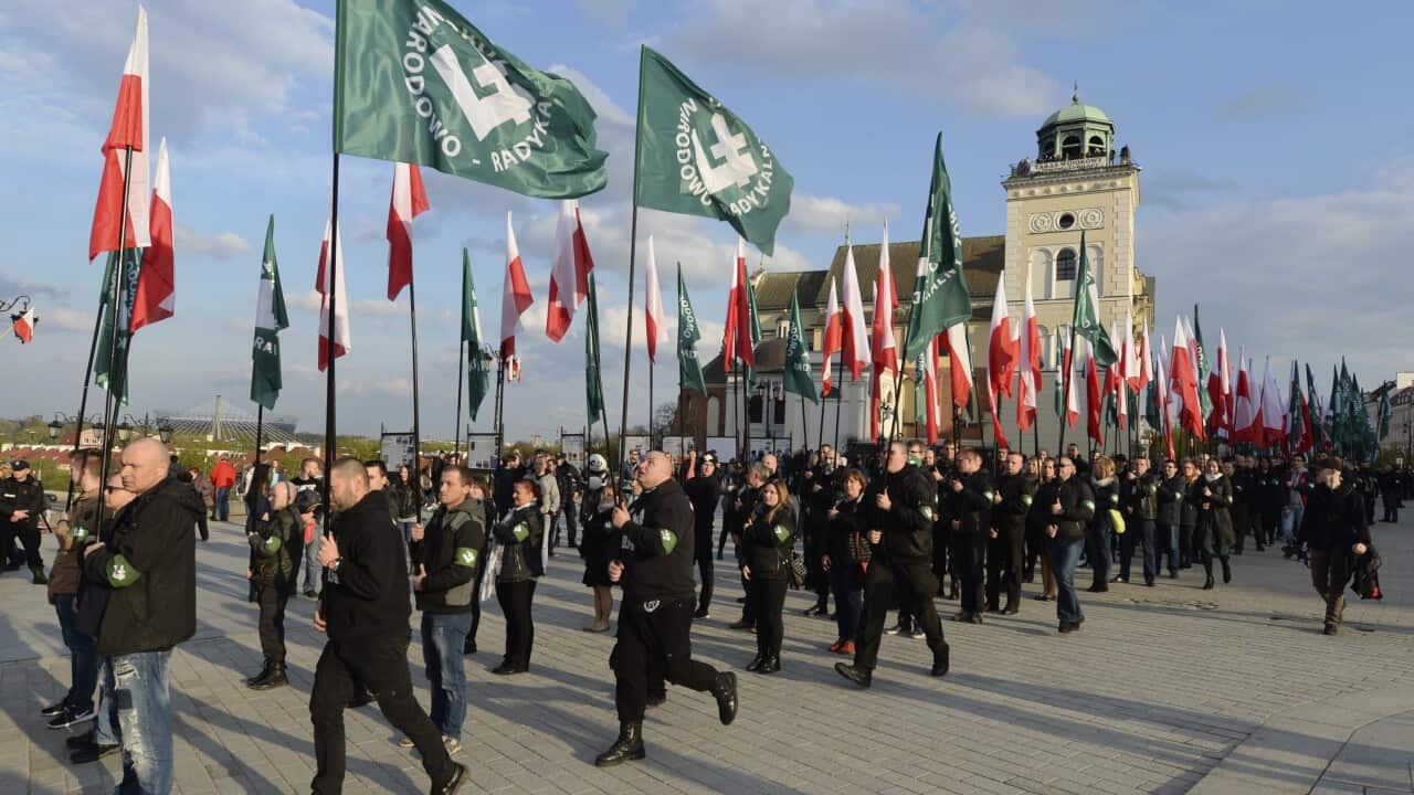 This file photo shows members of the far-right group, the National-Radical Camp, marking the 83rd anniversary of their organization, in Warsaw, Poland.