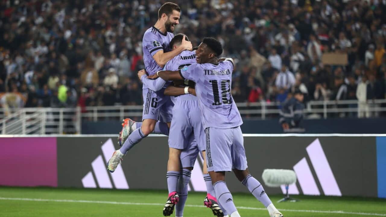 Real Madrid players celebrate a goal at the FIFA Club World Cup