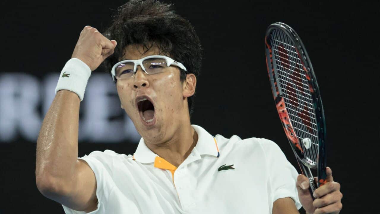 Hyeon Chung of South Korea celebrates his win against Novak Djokovic of Serbia on day eight of the 2018 Australian Open