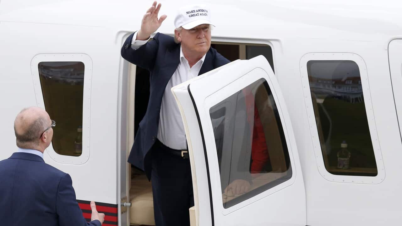 US presidential hopeful Donald Trump lands by helicopter at his revamped Trump Turnberry golf course in South Ayrshire.
