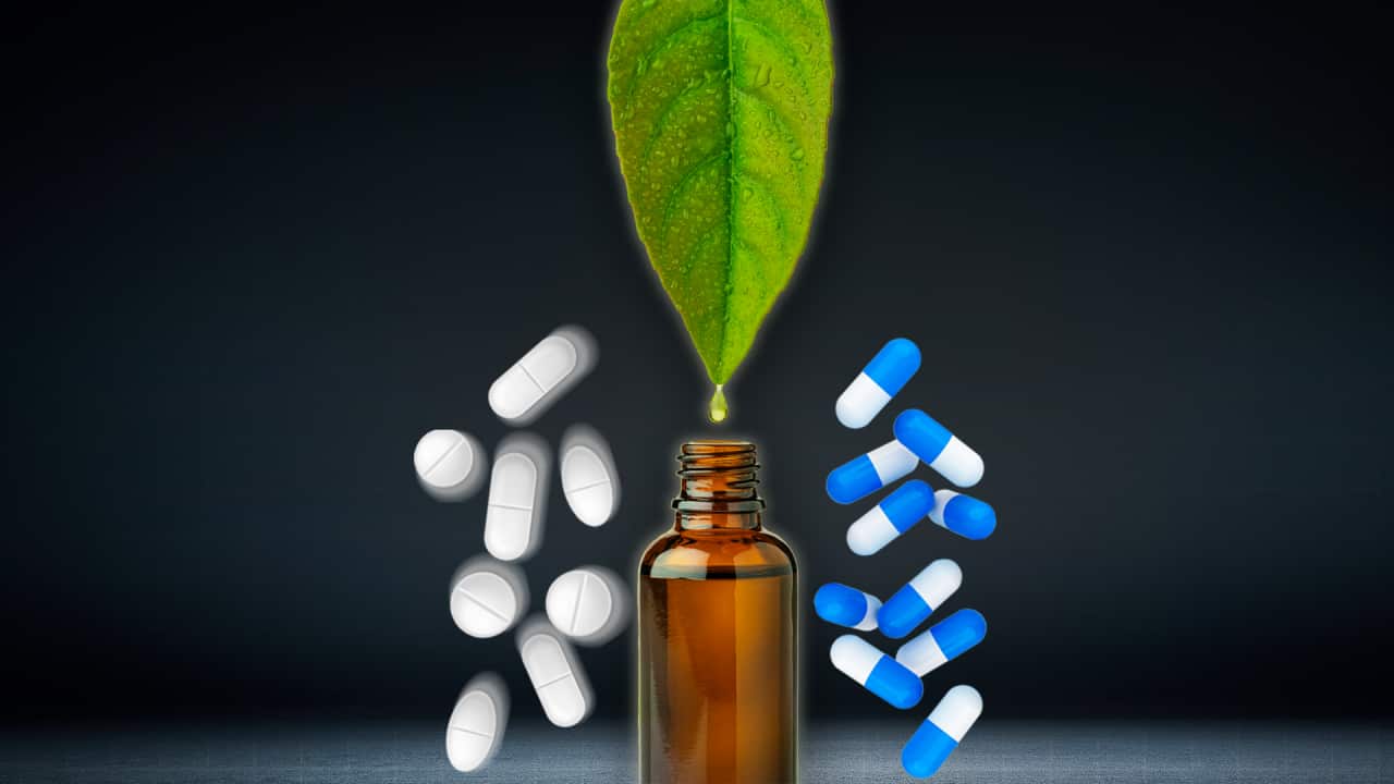 A leaf, pill bottle, and two groups of pills -- one white, one blue and white.