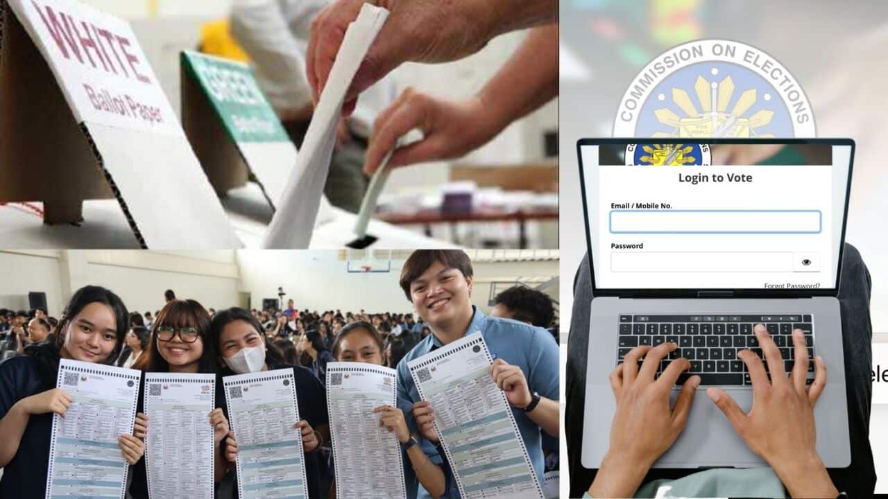 Composite image of voting in Australia, Philippine sample ballot and online voting.
