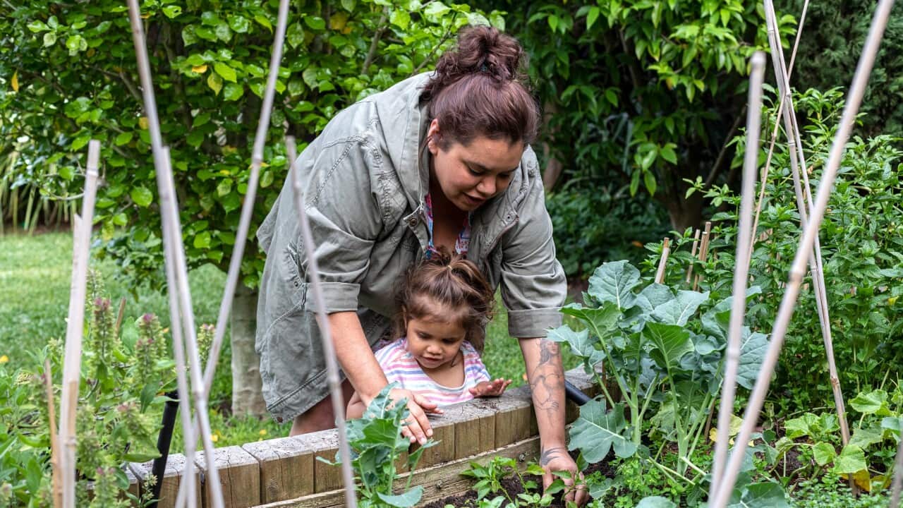 Indigenous women helping her young daughter in the garden
