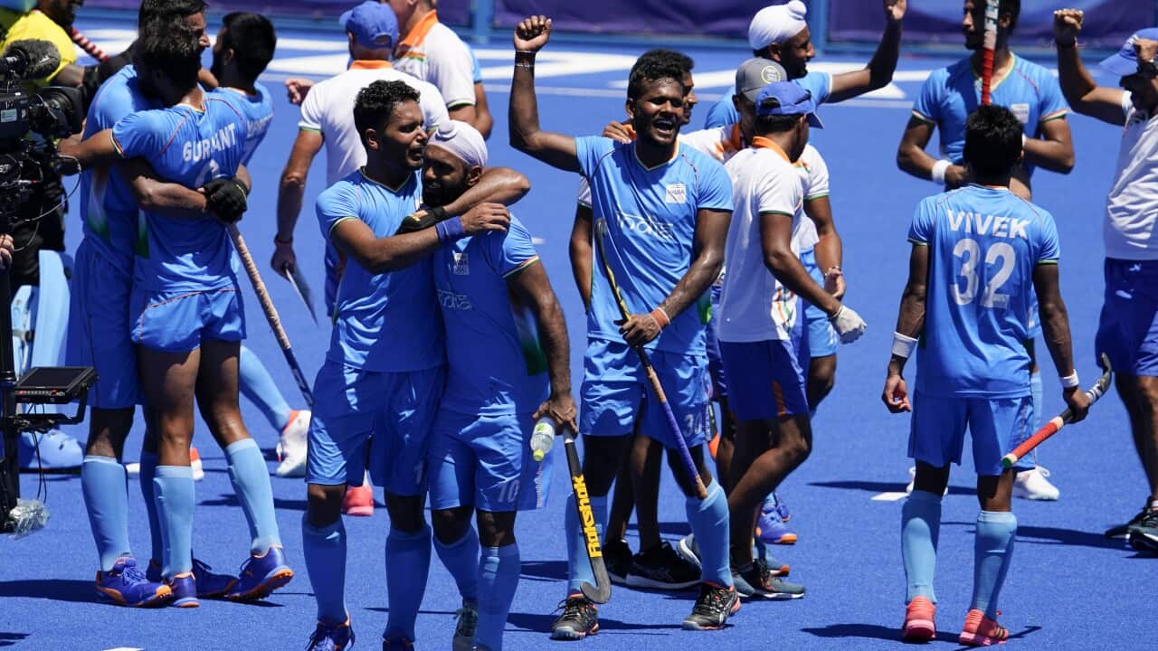 India players celebrate after defeating Germany 5-4 during the men's field hockey bronze medal match at the 2020 Summer Olympics, Thursday, Aug. 5, 2021, in Tokyo, Japan. (AP Photo/John Locher)