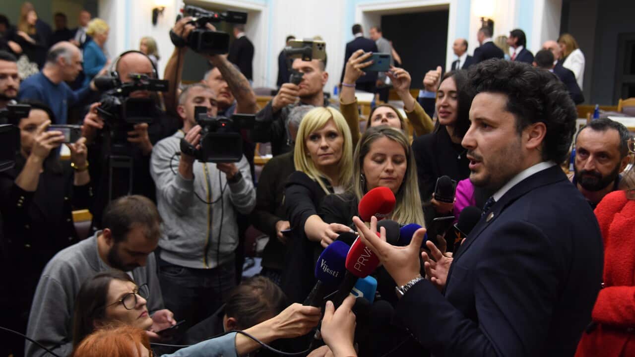 Montenegro's Prime Minister Dritan Abazovic attends a press conference after taking of the solemn oath to members of parliament in Cetinje, Montenegro, 28 April 2022. After ousting a conservative government in February 2022, the lawmakers agreed on a mi