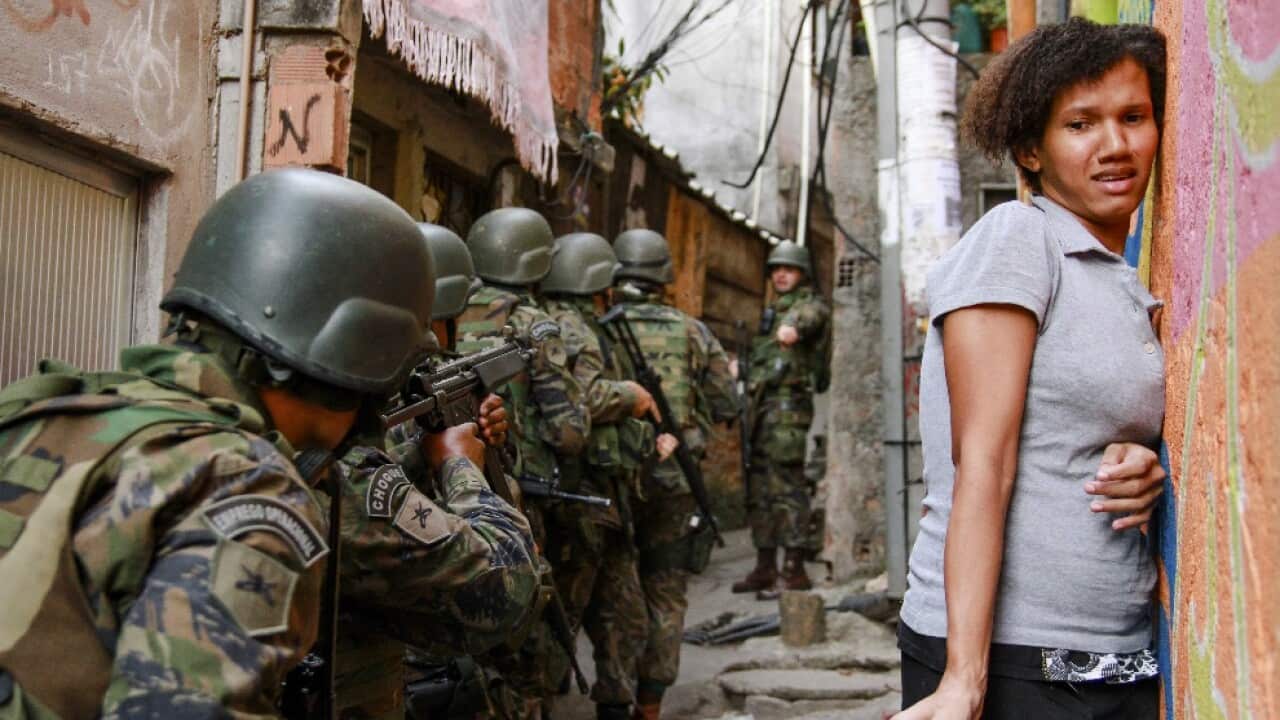 Soldiers of the Brazilian army during the siege action of the Rocinha favela in the neighborhood of Sao Conrado