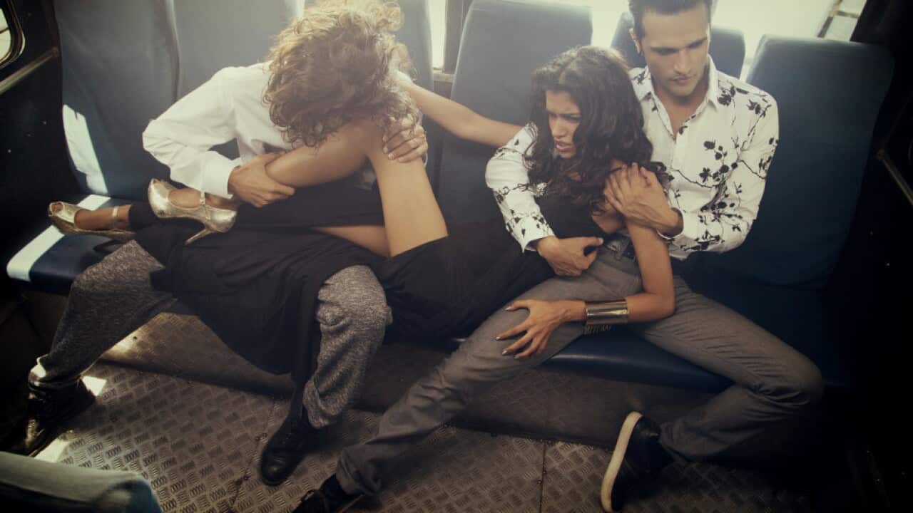 The fashion shoot shows a female model in high-end fashion looking harassed on a bus in various poses. (Image: Raj Shetye)