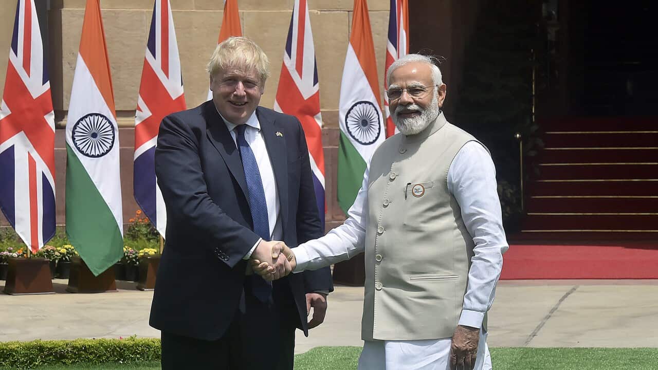 NEW DELHI, INDIA - APRIL 22: PM Narendra Modi and Boris Johnson, Prime Minster of the United Kingdom, exchange greetings at Hyderabad House on April 22, 2022 in New Delhi, India. (Photo by Raj K Raj/Hindustan Times/Sipa USA)