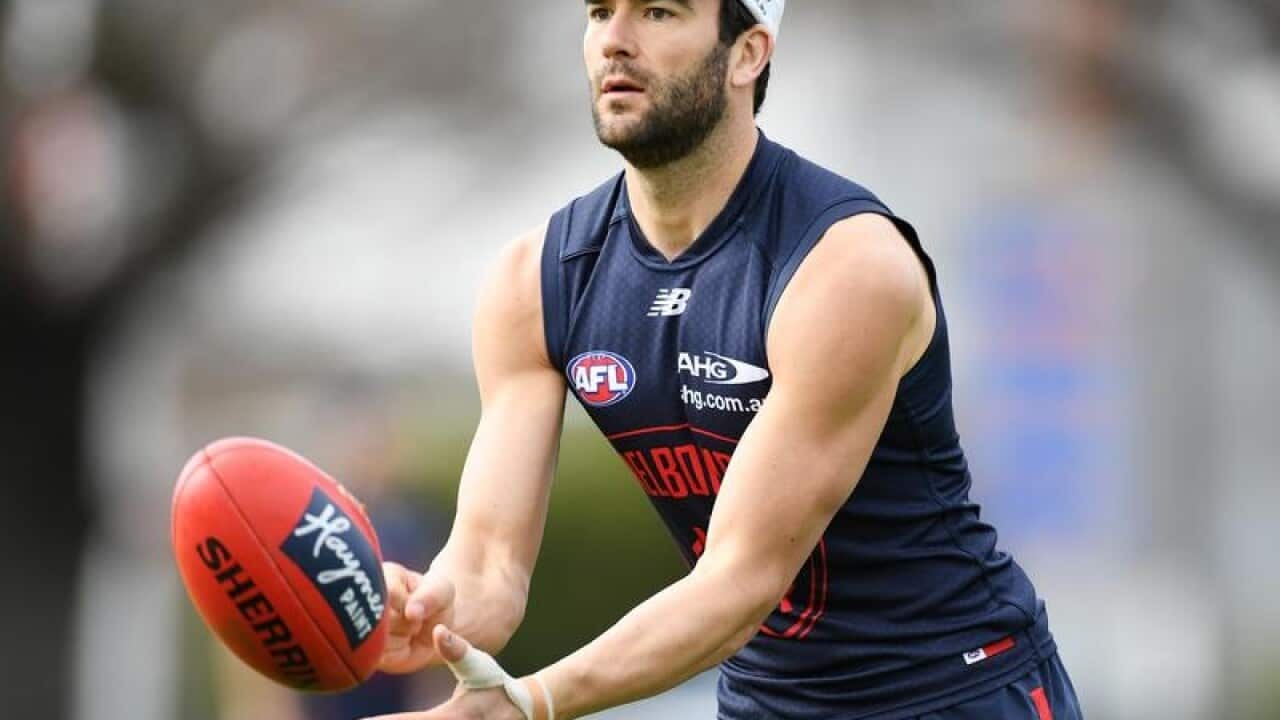 File image of Jordan Lewis of the Demons during a training session.