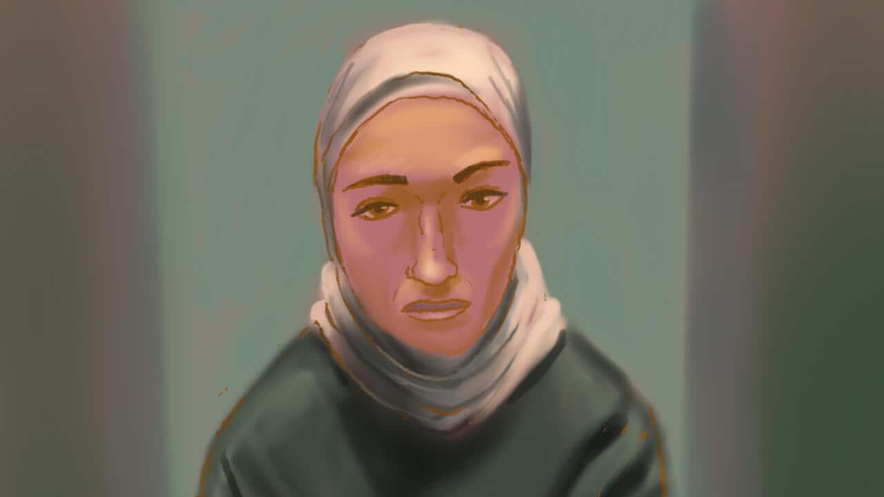 A court illustration of a woman in a beige hijab and green clothing. Her face is expressionless.