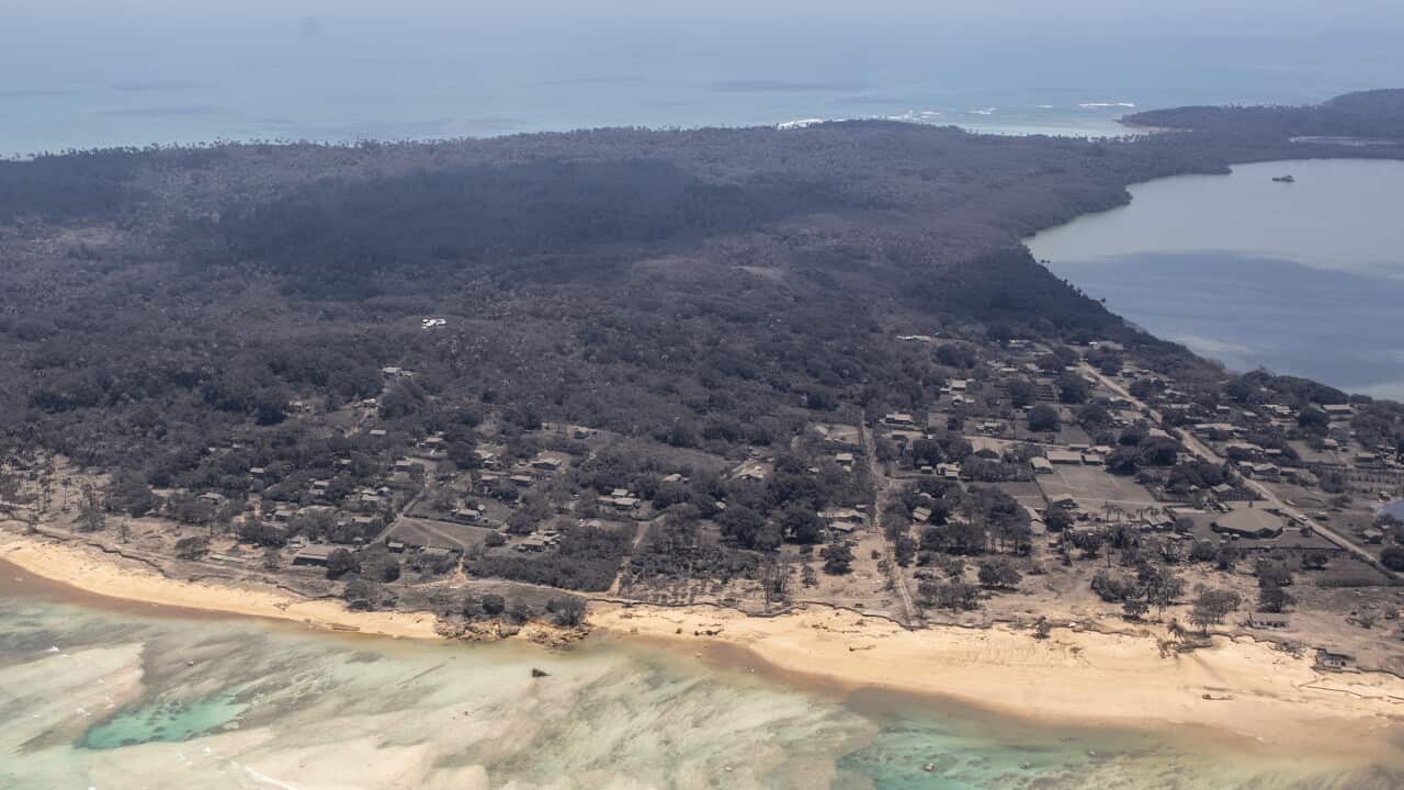 Image taken from a New Zealand Air Force P-3K2 Orion aircraft showing ash covering the Tongan island of Nomuka.