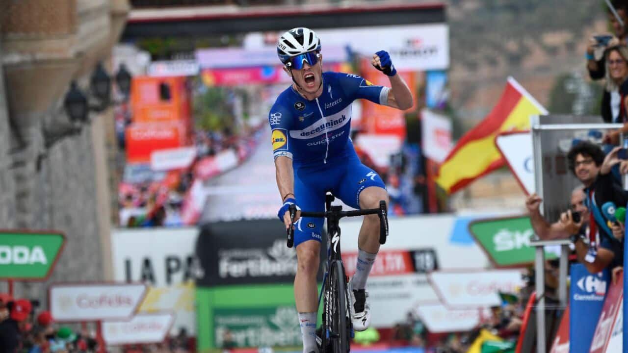 Remi Cavagna celebrates as he crosses the finish line in Toledo on the 19th stage of the 2019 La Vuelta a Espana (Getty)