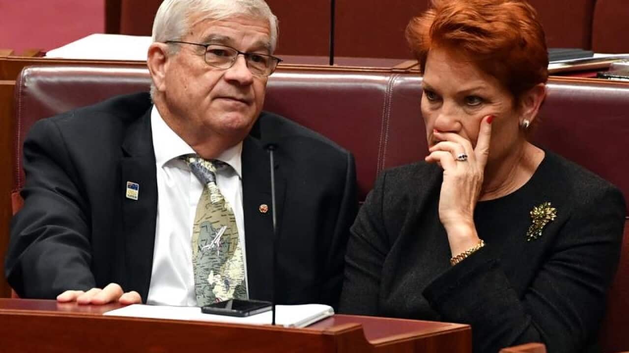 One Nation senators Brian Burston (left) and Pauline Hanson.