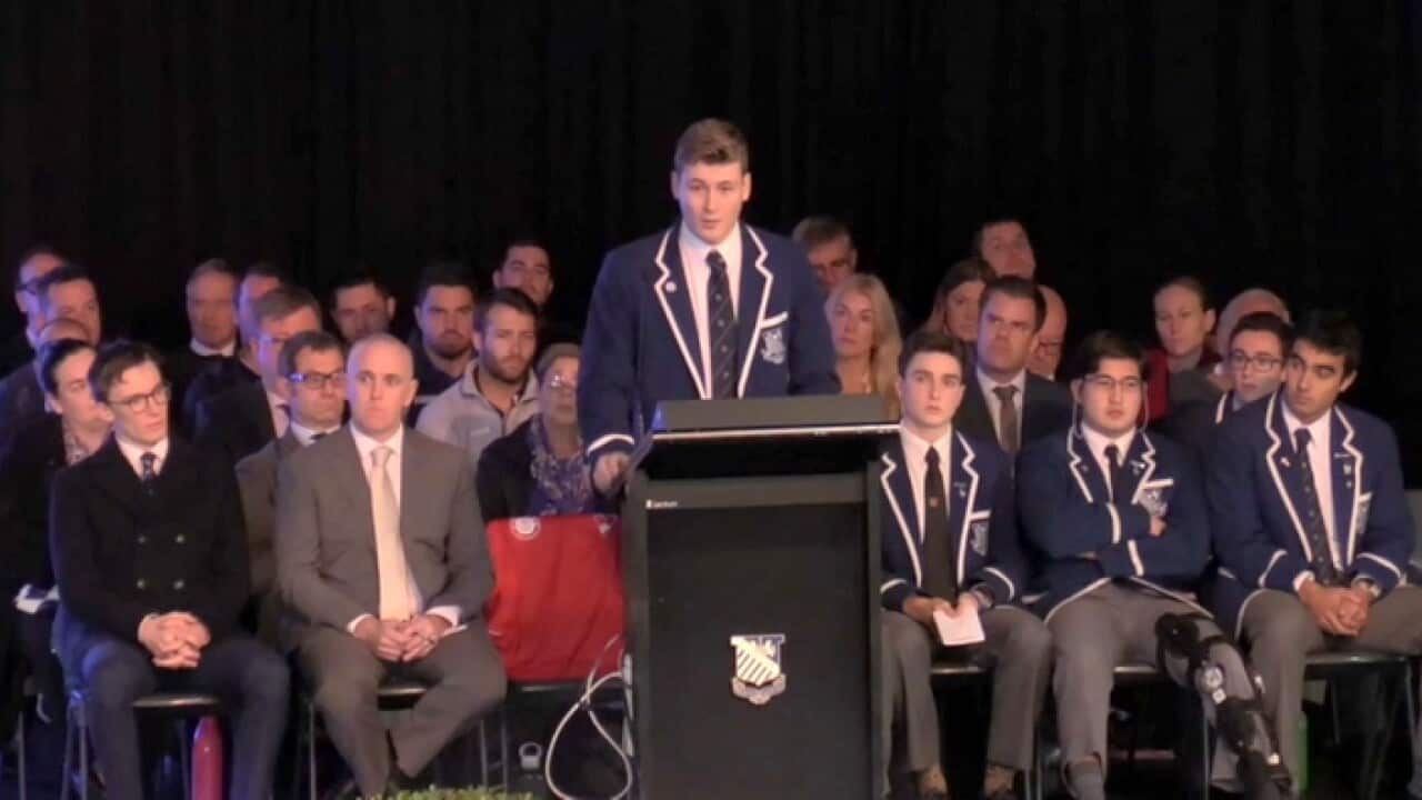 Finn Stannard speaking at assembly
