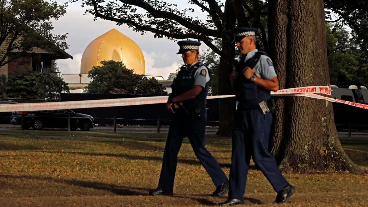 Police officers patrol at a park outside the Al Noor mosque in Christchurch, New Zealand in March last year.
