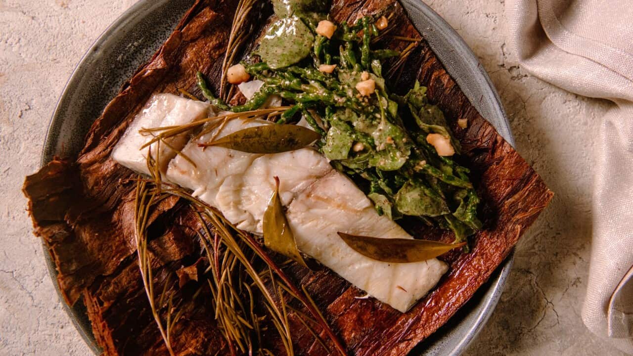 Paperbark-baked barramundi