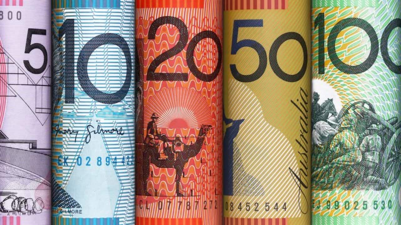 Close-up of colorful plastic Australian dollar notes