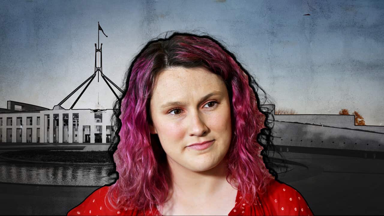 Graphic showing Saxon Mullins superimposed over a picture of Parliament House.