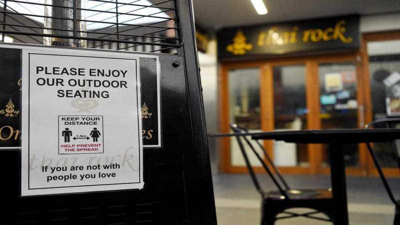 Social distancing signage is seen at the Thai Rock restaurant at Stockland Wetherill Park Shopping Centre in Sydney, Thursday, July 23, 2020