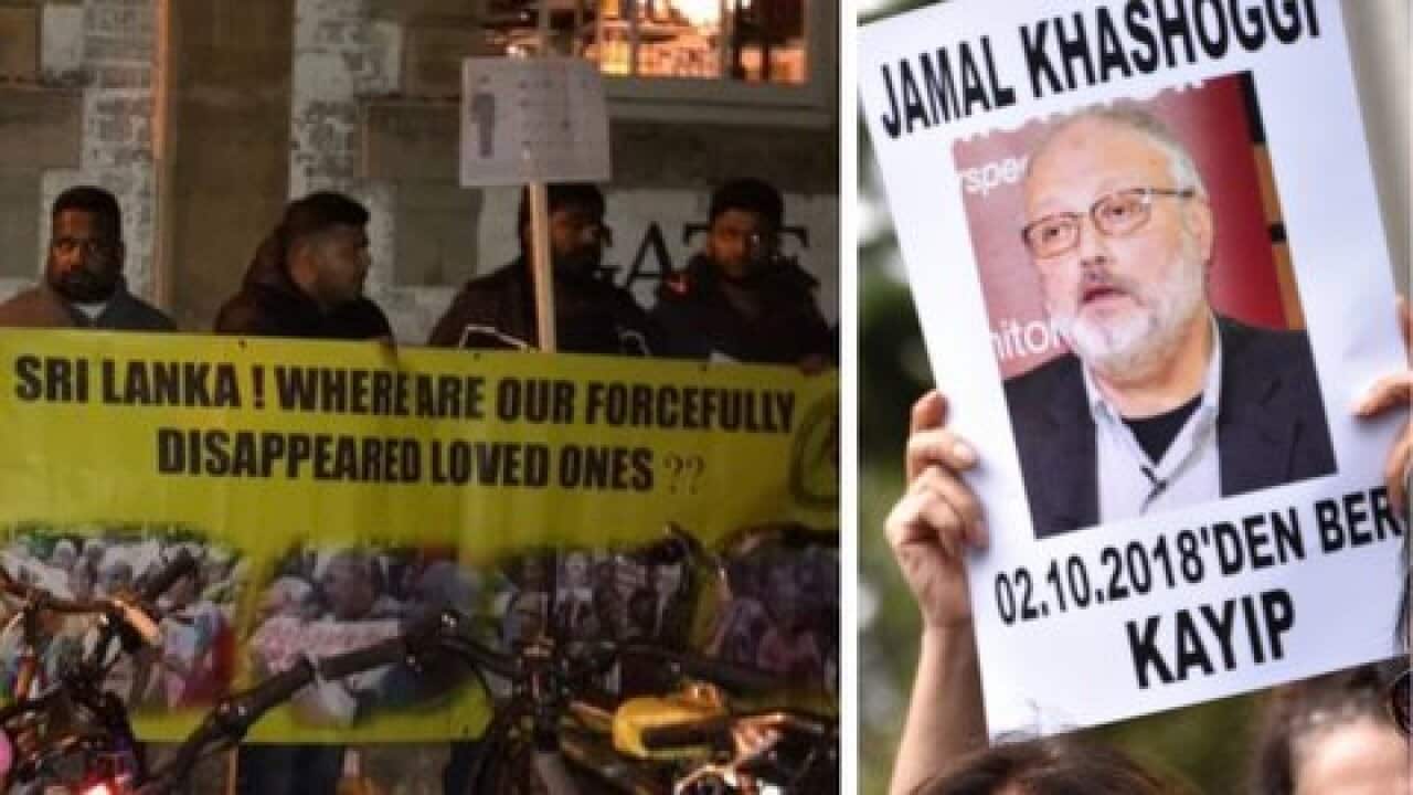 London Tamil protest against Sri Lankan prime minister_protest over the disappearance of Saudi journalist Jamal Khashoggi