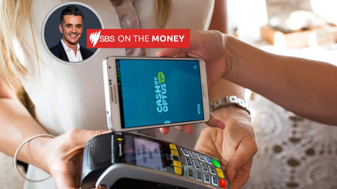 A mobile is used to tap and go on the eftpos terminal.