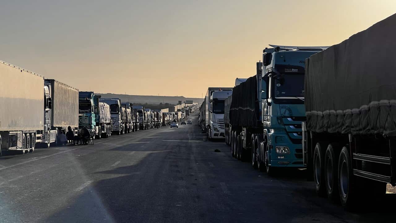 Blocked Gaza aid trucks at Rafah border crossing