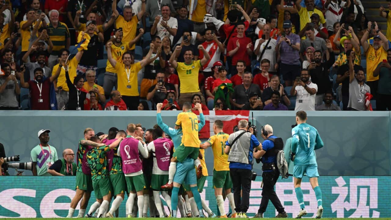 The Socceroos celebrate a goal in front of their supporters at the FIFA World Cup