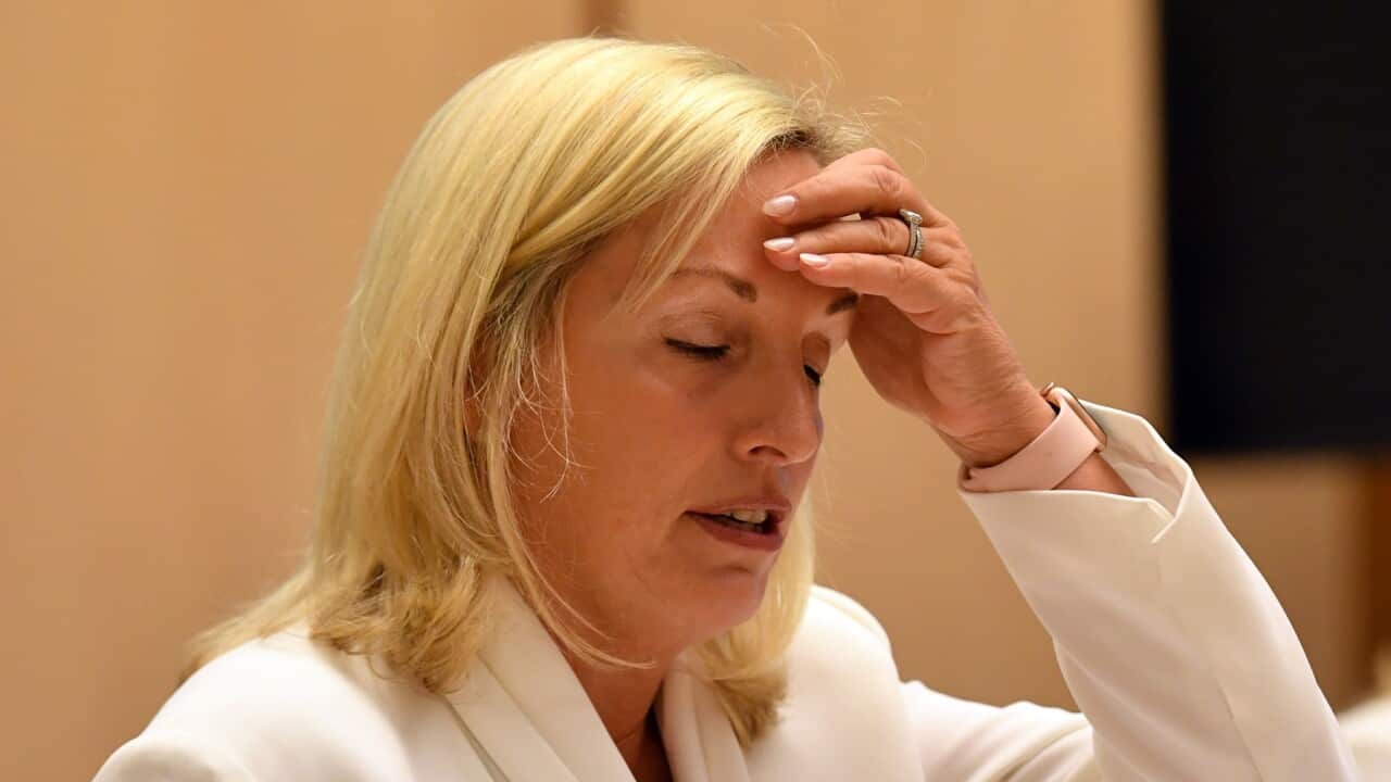 Former Australia Post CEO Christine Holgate appears before a Senate inquiry into changes at Australia Post at Parliament House in Canberra, Tuesday, April 13, 2021. (AAP Image/Mick Tsikas) NO ARCHIVING