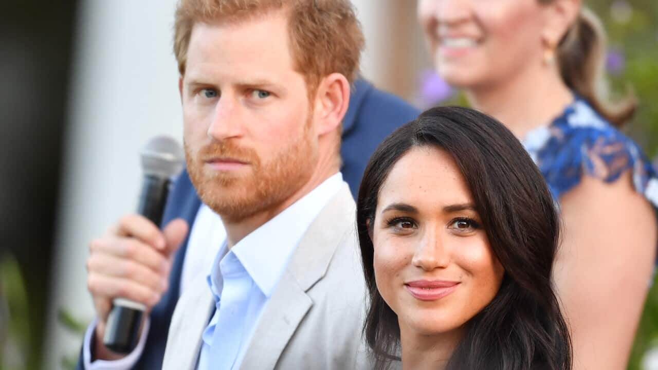 The Duke and Duchess of Sussex during a reception at the High Commissioner's Residence in Cape Town