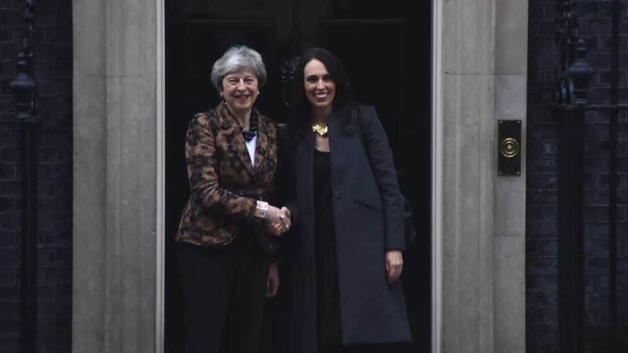 Mrs May and Ms Ardern outside No 10
