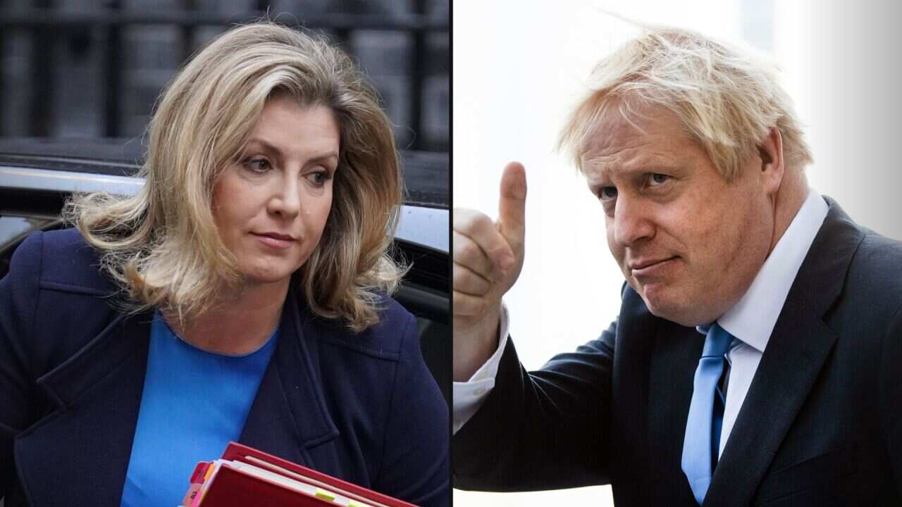 A composite image of Penny Mordaunt stepping out of a car and Boris Johnson giving a thumbs up sign.