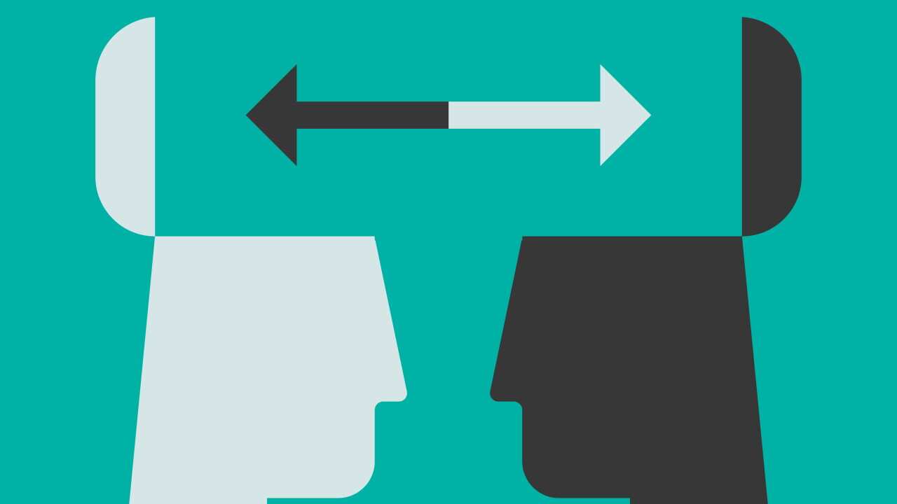 Illustration of contrasting head silhouettes exchanging ideas with open minds