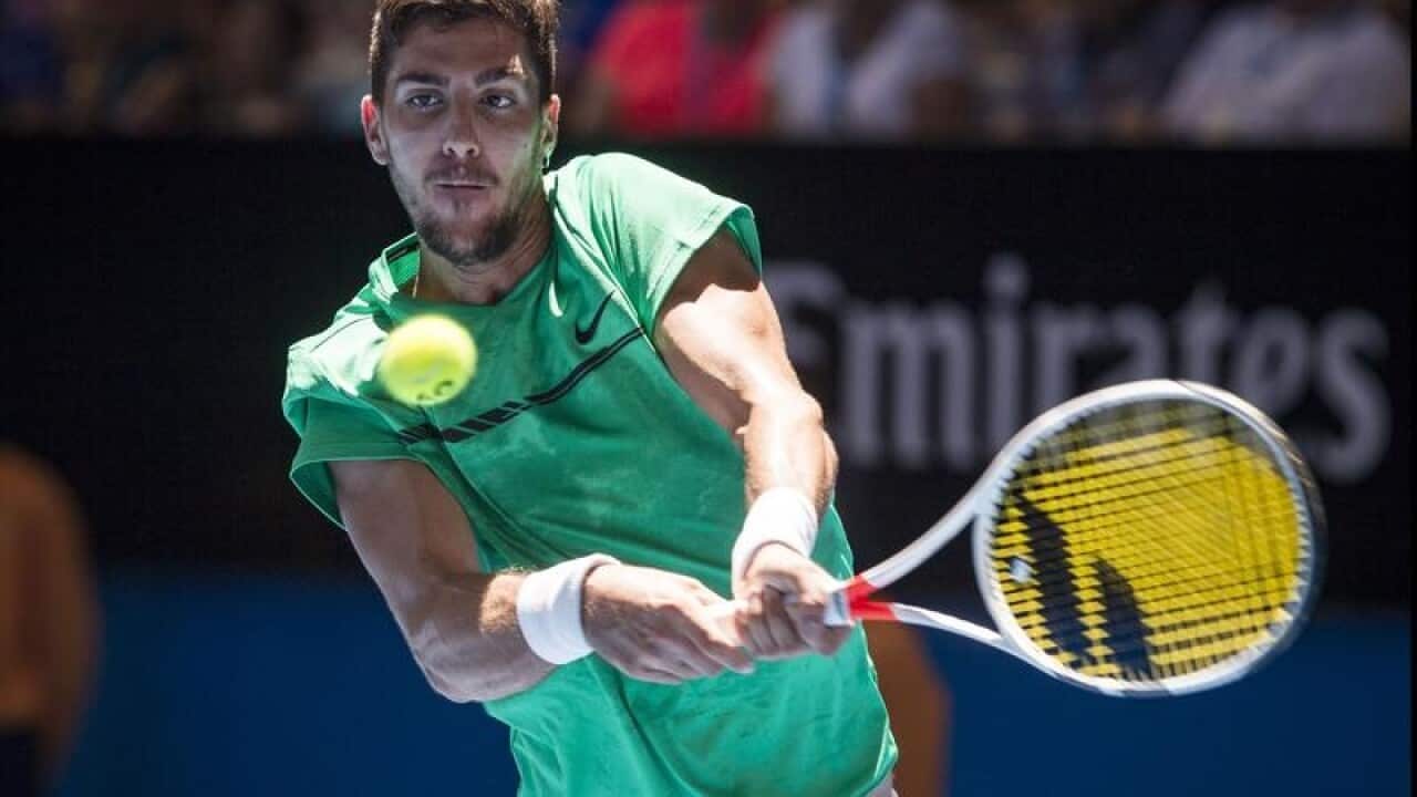 Thanasi Kokkinakis in action at the Hopman Cup