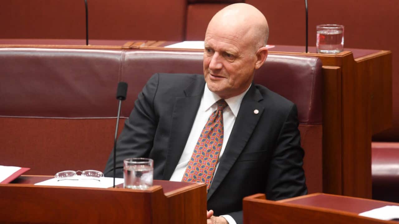Independent Senator David Leyonhjelm reacts during Senate Question Time in the Senate chamber during a ceremony at Parliament House in Canberra, Thursday, March 22, 2018. (AAP Image/Lukas Coch) NO ARCHIVING