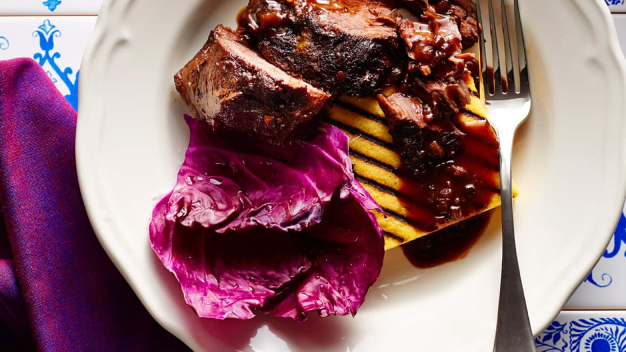 Braised veal cheeks with grilled polenta (guancia di vitello con polenta alla griglia)