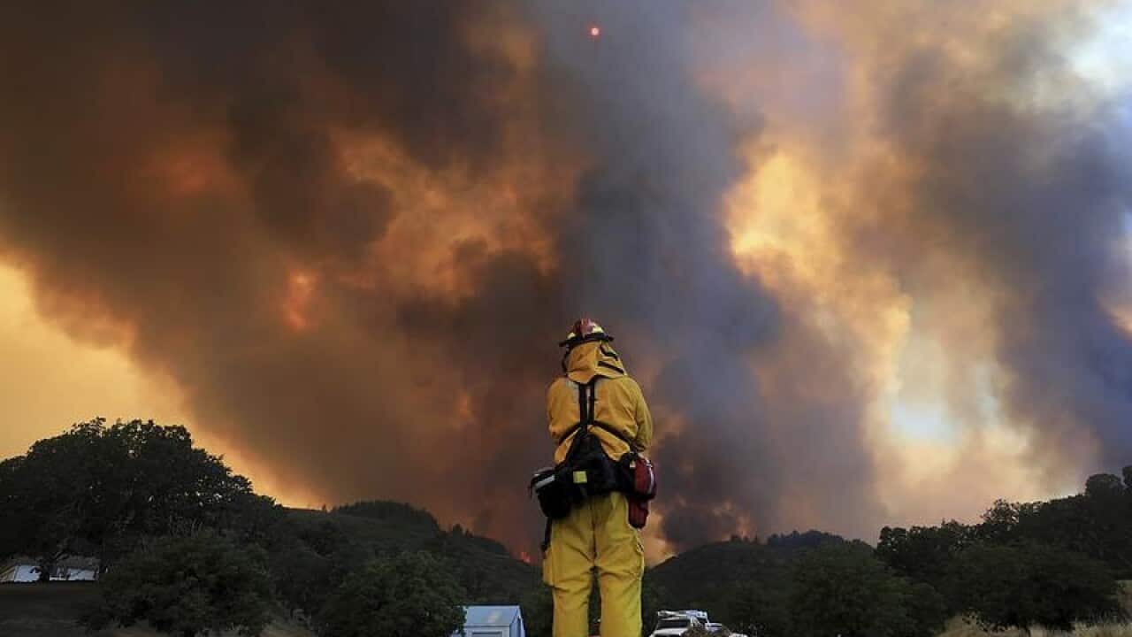 California firefighter Bob May keeps a watch for spot fires