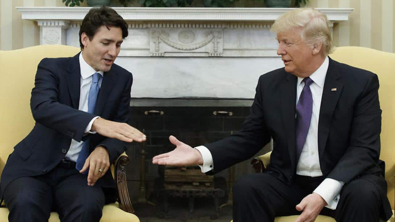 President Donald Trump meets with Canadian Prime Minister Justin Trudeau in the Oval Office of the White House, Monday, Feb. 13, 2017