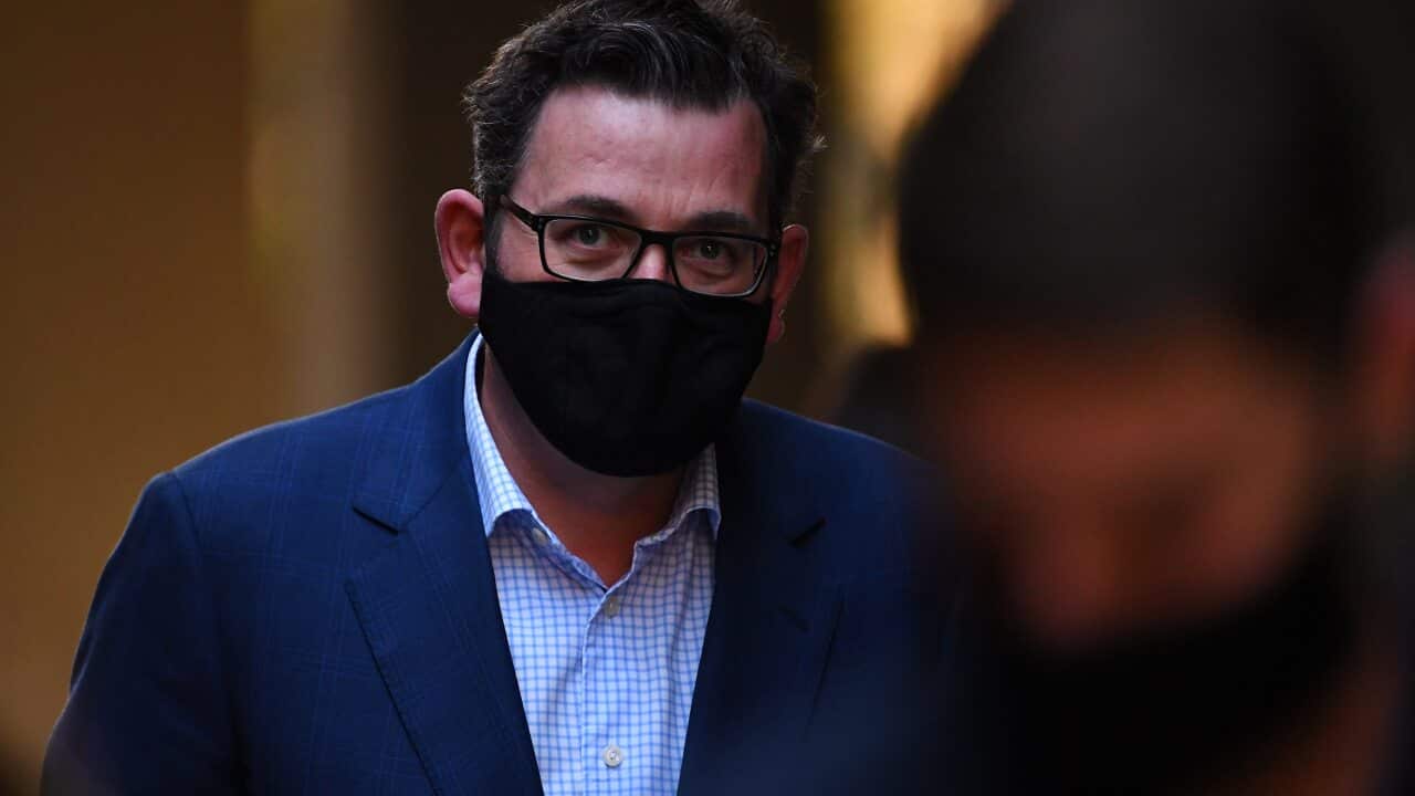 Victorian Premier Daniel Andrews arrives to a press conference in Melbourne, Friday, August 21, 2020. Victoria has recorded 179 new cases of coronavirus and nine deaths in the past 24 hours. (AAP Image/James Ross) NO ARCHIVING