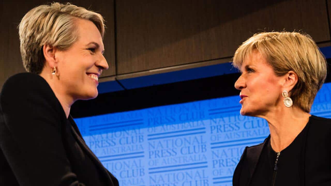 Labor Deputy Leader Tanya Plibersek and Liberal Deputy leader Julie Bishop shake hands after their election debate at the National Press Club of Australia in Canberra, Wednesday, Jun. 21, 2016.