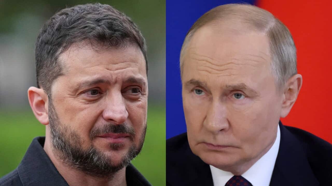 Dwukierunkowy obraz Wołodymyra Zełensky'ego po lewej i Władimira Putina.